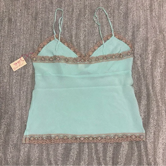 NWT Gold Hawk 100% Silk Beaded Lace Trim Camisole Tiffany Boho Fairy Women’s L - Picture 4 of 10